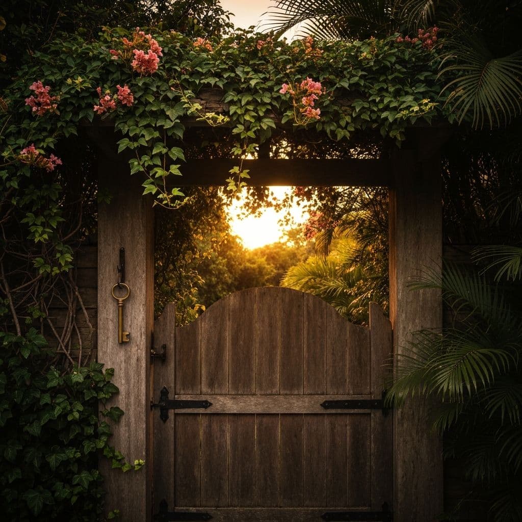 Entrada misteriosa com portao rustico cercado por vegetacao tropical