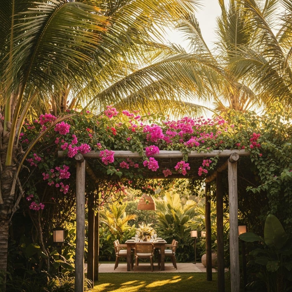 Jardim tropical exuberante com flores vibrantes e mesa ao ar livre